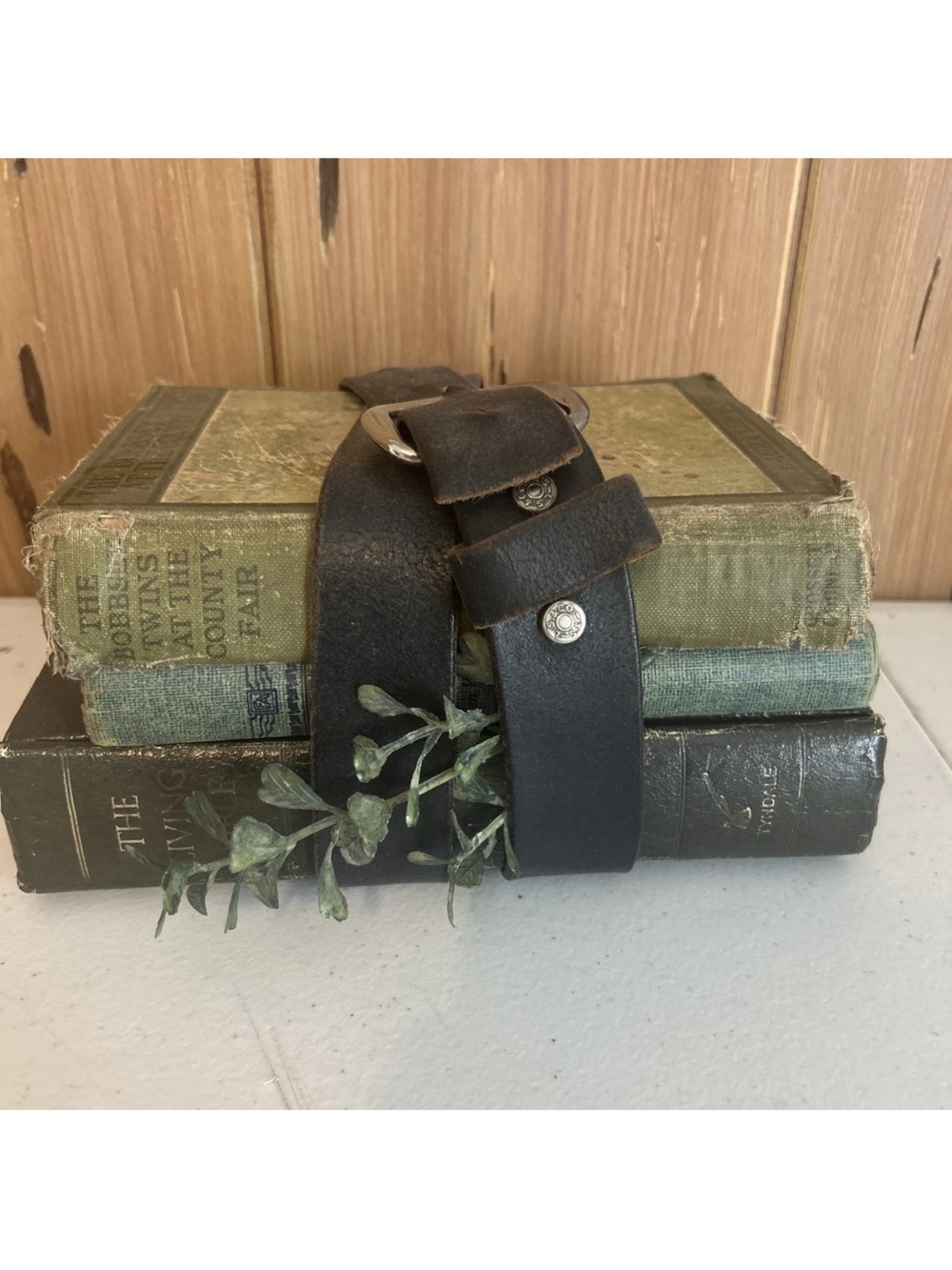 Lot of 3 Vintage Book Stack Bundle Green Library Prop Shelf Decor Belt Wrapped